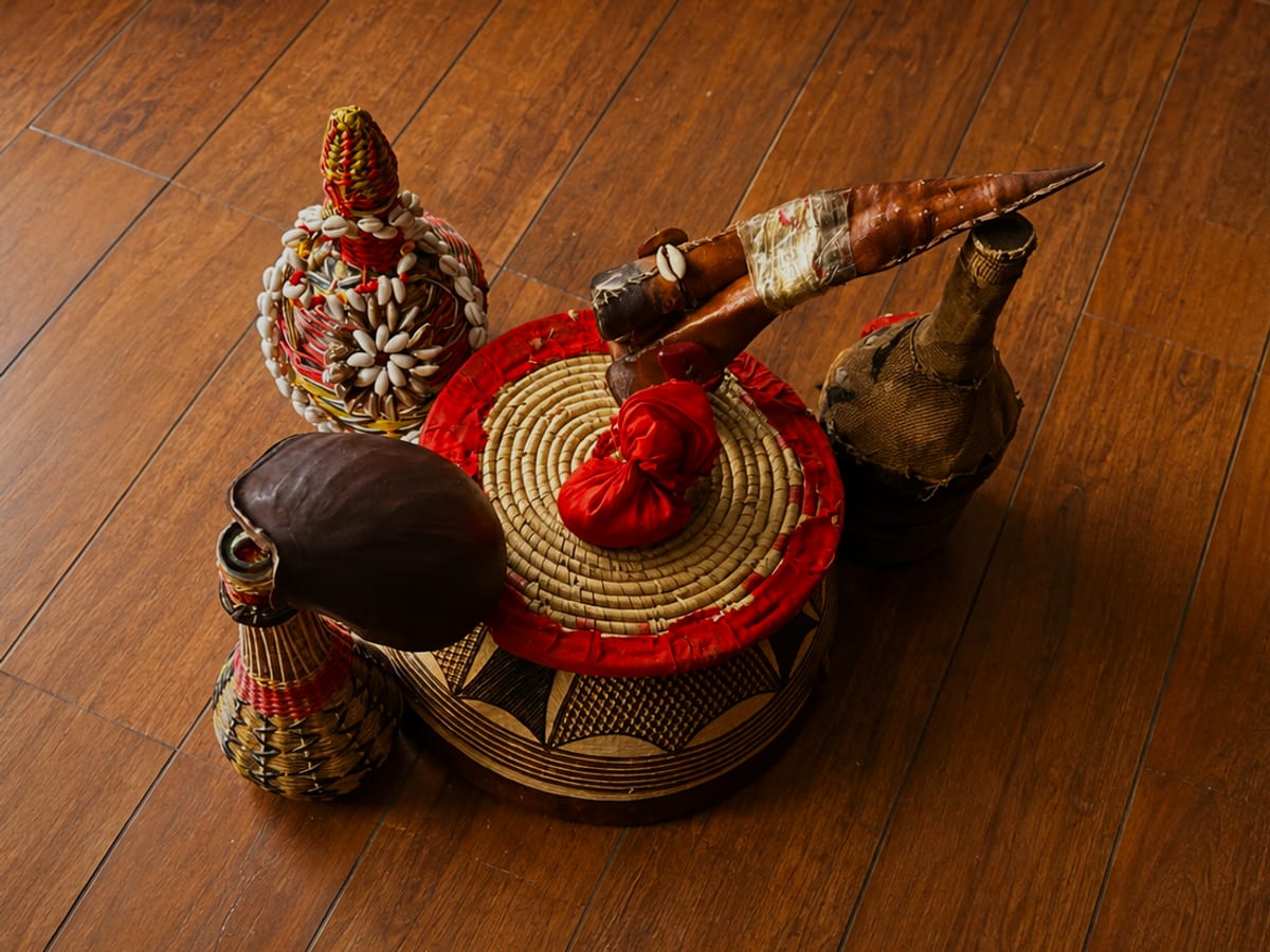 Objets rituels du Professeur TADOU : calebasses ornées de cauris, corne, talisman rouge et natte tressée